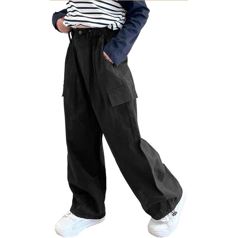 Rolanko Girls Wide Leg Cargo Pants Baggy Y2K Streetwear Black NWT Size 14-16 170